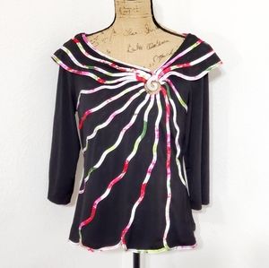 T & W Designs Black top multicolor squiggle detail 3/4 length sleeves sz.Med